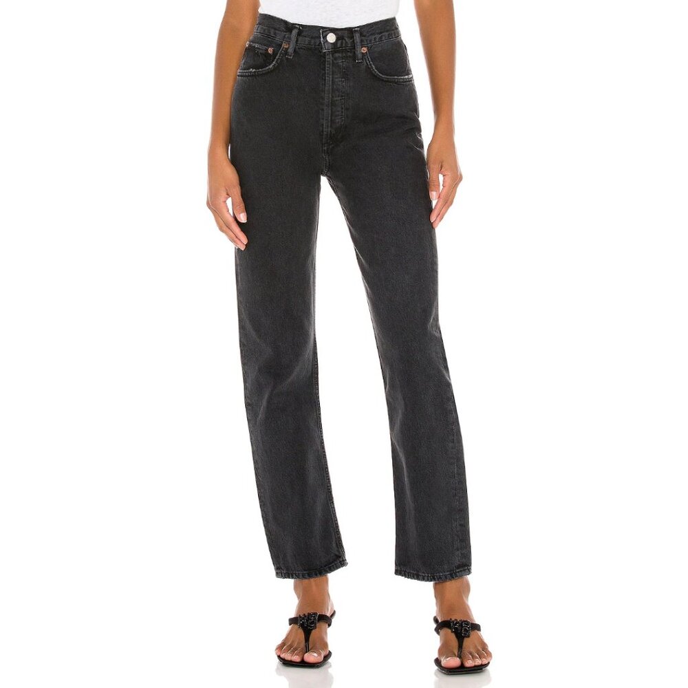 Agolde 90s Pinch High Waist Straight Leg Denim Jean in Black Tea Gray | Size 27